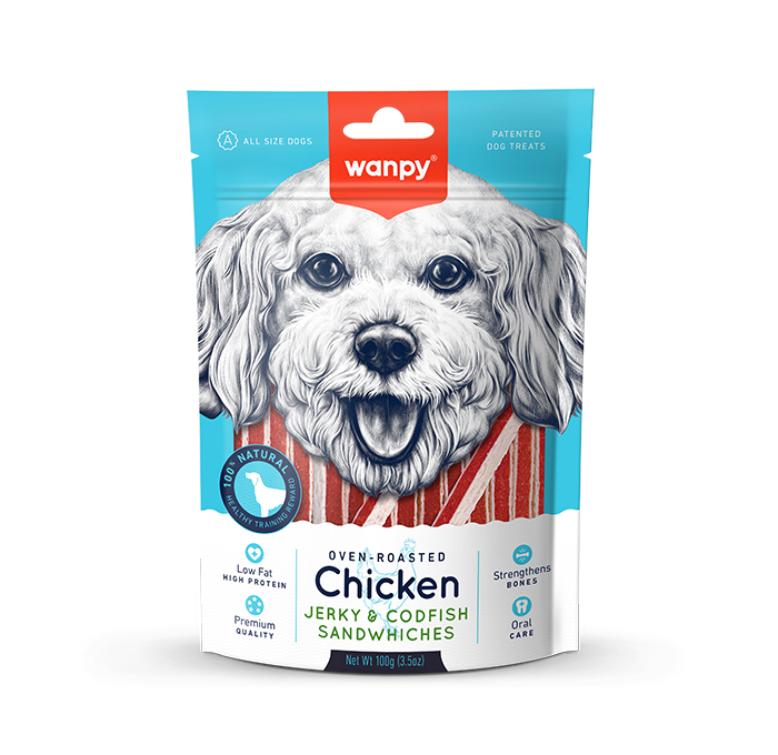 Wanpy Dog Chicken Jerky and Codfish Sandwiches 100g