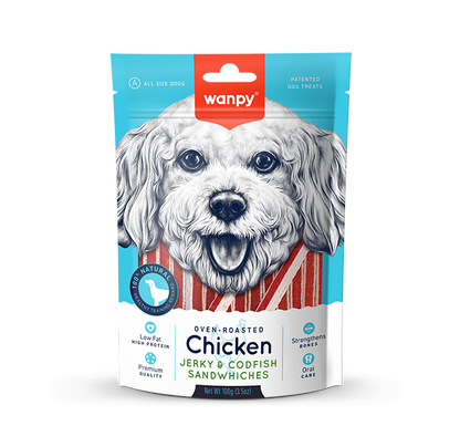 Wanpy Dog Chicken Jerky and Codfish Sandwiches 100g