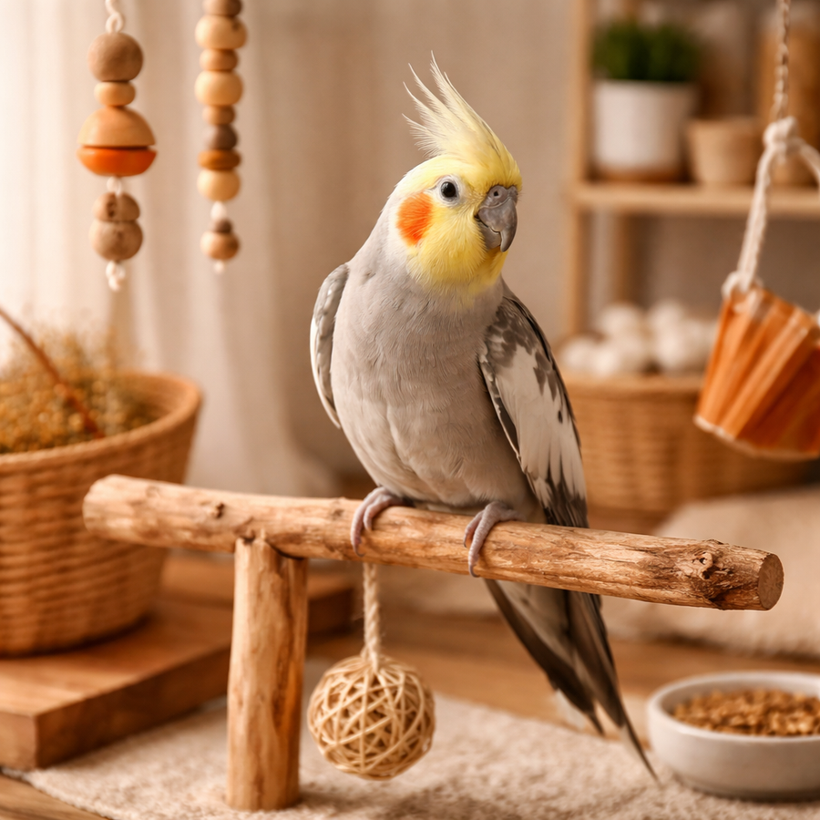 Cockatiel perched on a wooden perch in a home setting with decor elements.