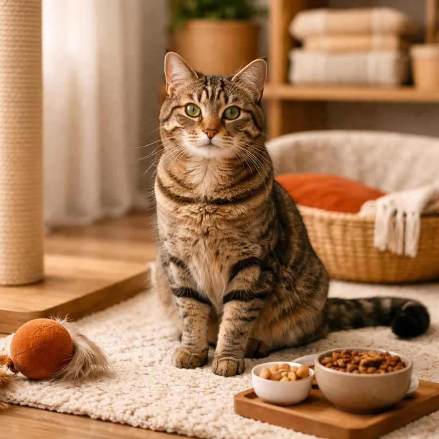 Cat sitting on a rug in a cozy room with a shelf and cat toys.