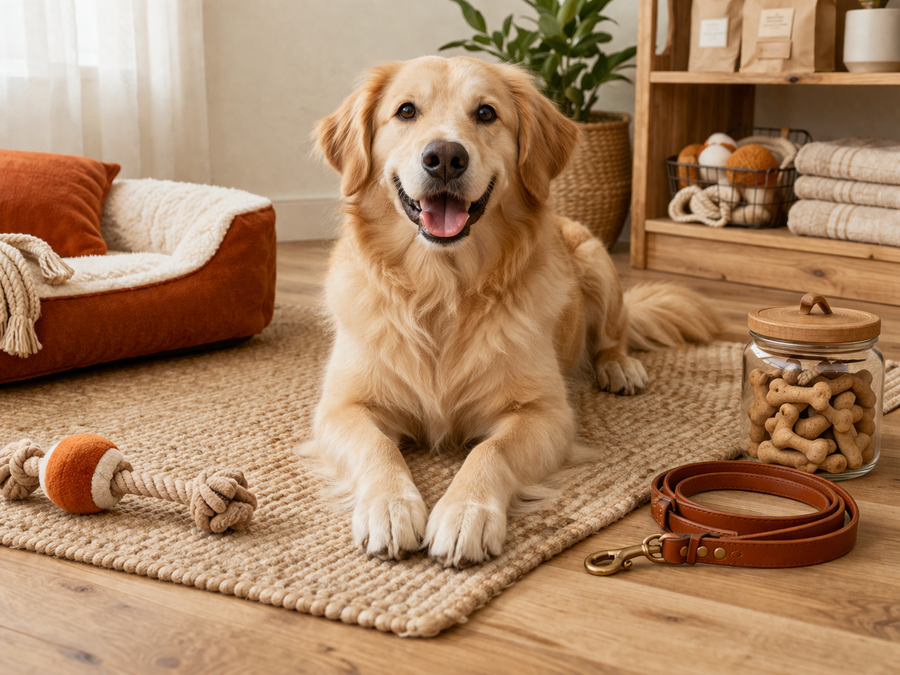 Dog sitting on a rug in a cozy room with pet toys and treats.
