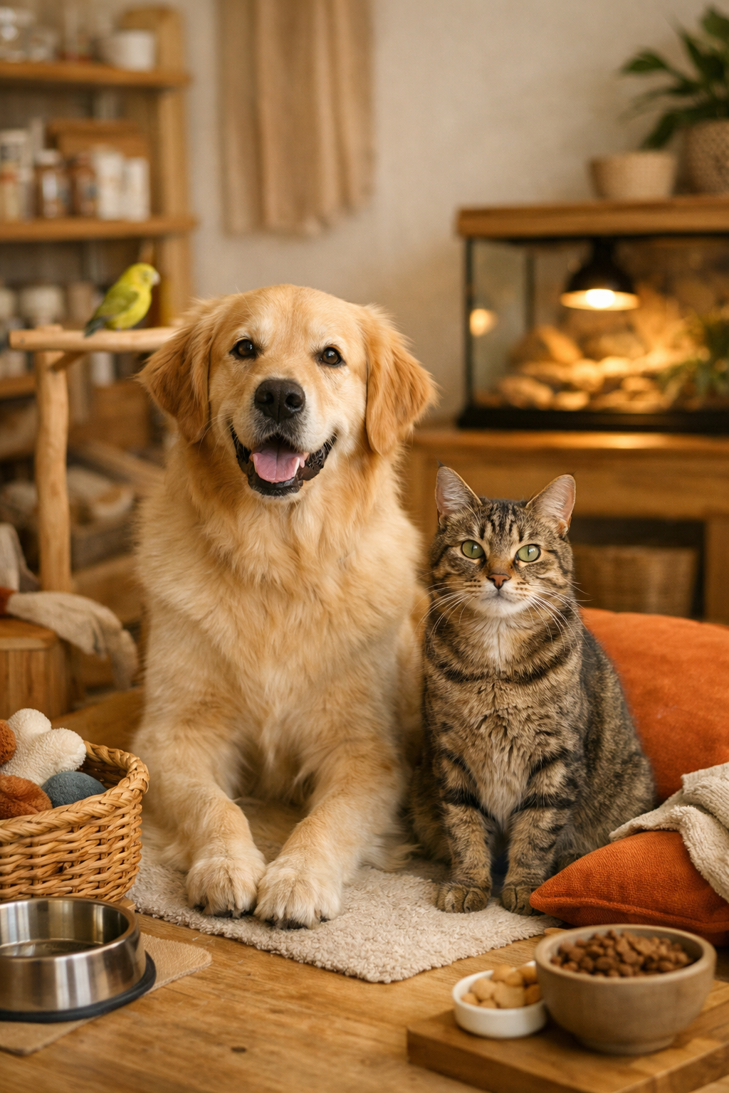 Dog and cat sitting together on a wooden floor with a bird perched nearby.