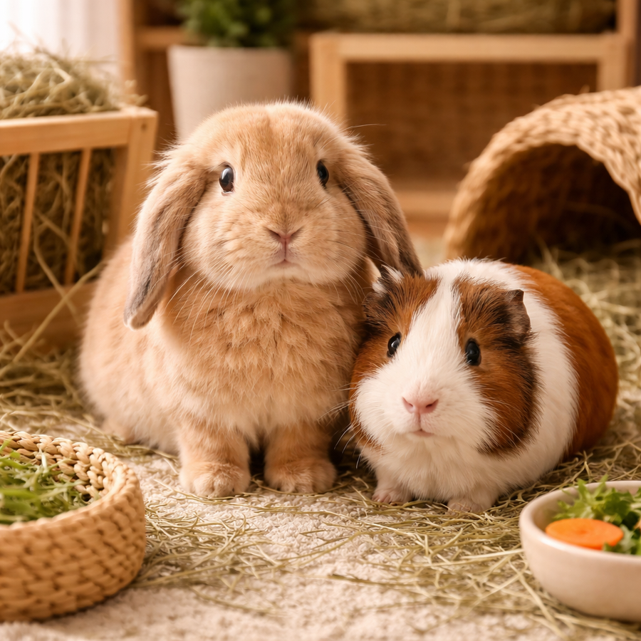 A rabbit and a guinea pig in a cosy indoor setting with hay and small bowls.